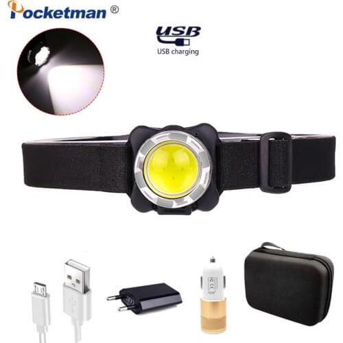 Pocketman Headlamp USB Headlight COB LED Head Lamp Rechargeable Head Light Waterproof with Built-in Battery White Red Lighting