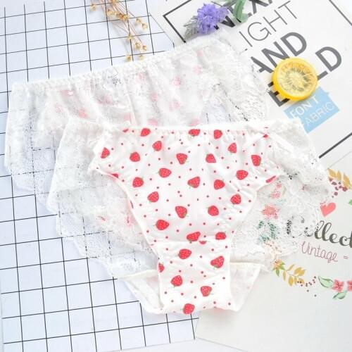 Girls Sweet Lovely Style Strawberry Print Panties Sexy Lace Hollow Transparent Women Underwear Seamless Knickers Calcinha Briefs