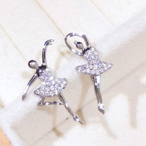 Charming Silver Color Ballet Dancer Design Stud Exquisite Ballerina Inlay Zircon Stud Earrings for Women Girl Birthday Gifts