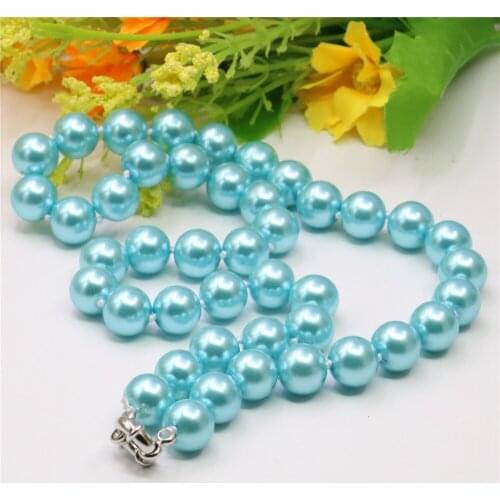 Cute/Romantic 8/10/12mm Beautiful Sky Blue Artificial Shell Imitation Pearl Round Beads Necklace Women Jewelry Chain 18inch Y772