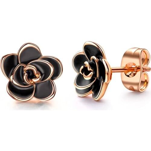 Gold Plated Black Rose Flower Stud Earrings for Women Girl Charm Earrings Fashion Beauty Jewelry