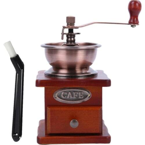 Manual Coffee Grinder Vintage Retro Wood Hand Crank Mill Bean Grinding W/ Brush