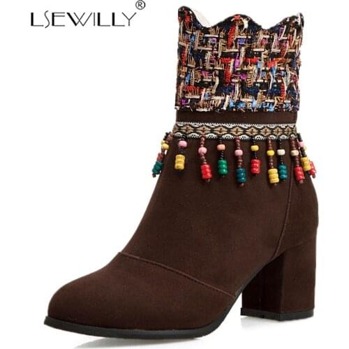 Lsewilly Winter Boots Women Flock Black Red String Bead Tassel Plaid High Block Heel Women Shoes Bootie Footwear Size 34-50 K114
