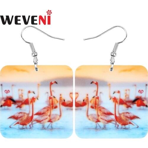 WEVENI Acrylic Square Flamingo Earrings Realistic Big Bird Animal Dangle Drop Jewelry For Women Girl Kids Trendy Gift Decoration