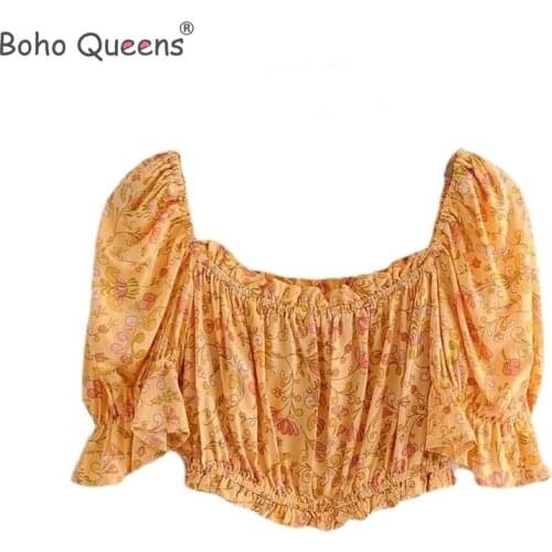 Boho Queens Women floral printed bohemian rayon blouse shirts ladies off shoulder top long sleeve shirts blusa