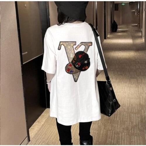 Hot designer Women T-Shirt Diamonds fashion women T Shirt black O-neck Tees cotton plus size Tops tee