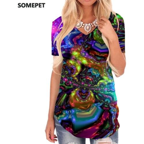 SOMEPET Colorful T-shirt women Abstract V-neck Tshirt Graphics T-shirts 3d Hippie Tshirts Printed Womens Clothing Hip hop Cool