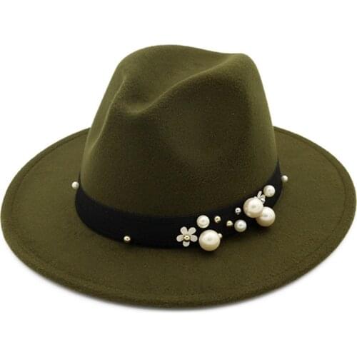 Fashion Women Wool Fedora Hat With Pearl Cloth Belt Elegant Lady Jazz Hat Fascinator Church Hat Size 56-58CM