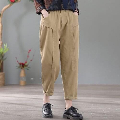 100% Cotton Women Casual Denim Pants New Arrival 2021 Spring Simple Style Solid Color Loose Female High Waist Harem Pants S3669