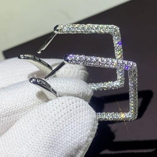 Brand New Classic Fashion Jewelry Simple Geometry Earrings 925 Sterling Silver Pave White CZ Women Wedding Square Clip Ear Gift