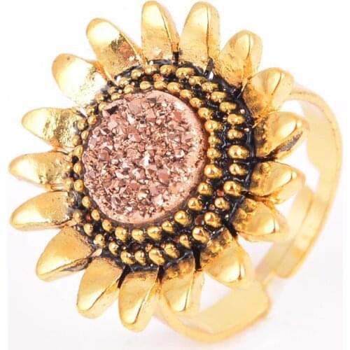 2019Natural Stone Druzy Rings for Girls Lady Gold Color Alloy Sunflower Flower Adjustable Ring Trendy Wedding Jewelry Z023