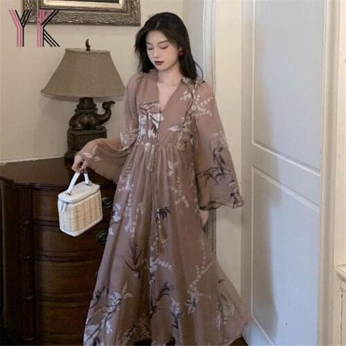 Bella new Leak Floral Print Lace-Up Waist Long Sleeve Boho Dresses Loose Female Party Vestidos Vintage Casual Elegant Lady Robes
