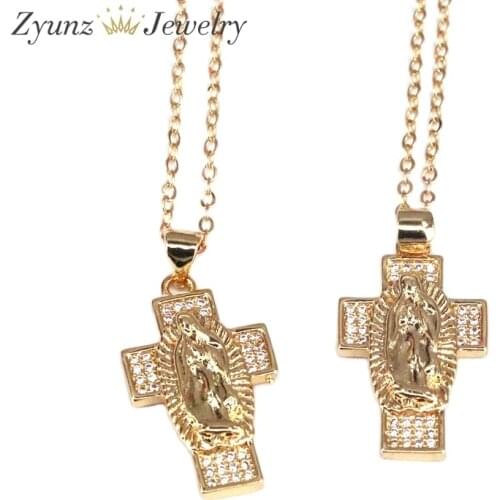 10PCS, Virgin Mary Necklace Gold Color Crystal Statement Necklace Women Fashion Cross Pendant Jewelry