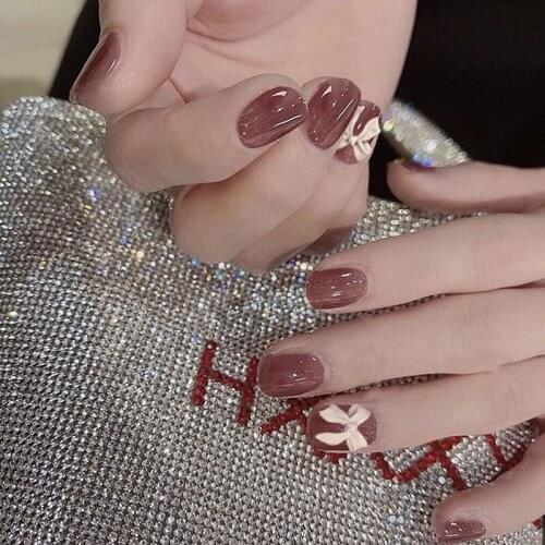 Pomelo pure color with beige butterfly bow 3d decorated fake nails Japanese short lady full nail tips french false nails 24pcs