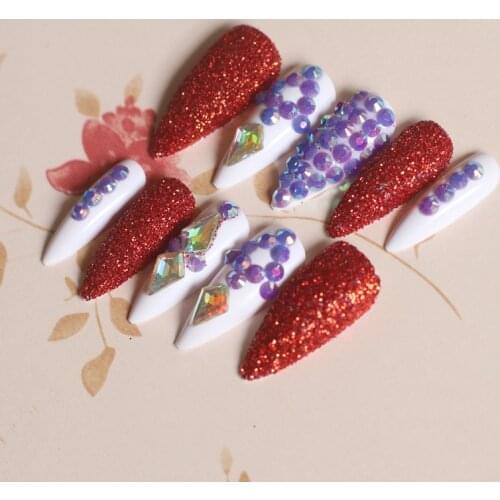24pcs high-end fashion handmade crystal diamond long pointed fake nails sexy purple red JW
