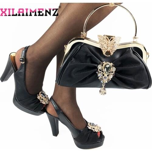 Black Color Super High Heels African Shoes With Matching Bags Set Italian Womens Party Shoes and Bag Set for Wedding