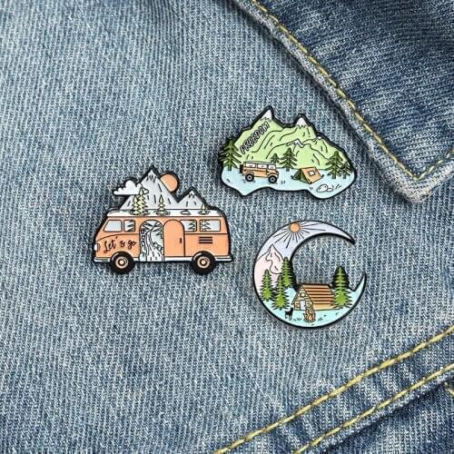 Outdoors Adventure Enamel Pins Wild Hiking Travel Brooches Collection Bus Mountain Camping Firewood Explore Nature Badge Fashion