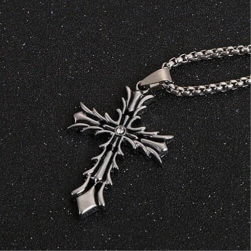 Htzzy Corss Necklace New Fashion Necklace for Men Vintage Cross Pendant Long Necklace Retro Texture Design 60cm Box Chain