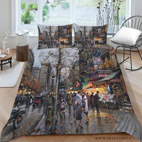 Artistic Bedding Set Lively Street oil Painting Duvet Cover Fashion Queen Twin Full King Single Double 3D Bed Set Lifelike