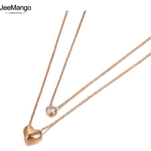 JeeMango Bohemia Design Double Layer Heart Pendant Necklaces For Women Stainless Steel CZ Crystal Chain Choker Necklace JN20149