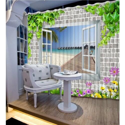 Classic Home Decor Home Bedroom Decoration 3D Curtain Ocean View Out The Window Lattice Wall Curtains For Bedroom 3D Window