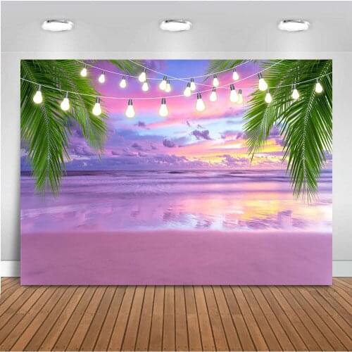 Summer Holiday Backdrop Purple Sky and Sea Photography Background Sandy Beach Party Decoration Supplies Vinyl Cloth Printed Prop