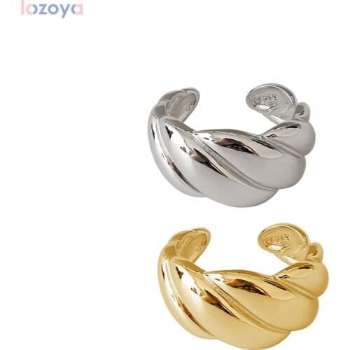 LOZOYA 2021 925 Sterling Gold Thick Open Bangle Silver Big Large Screw Big Twist Resizable Rings 2021 FineRings Jewelry