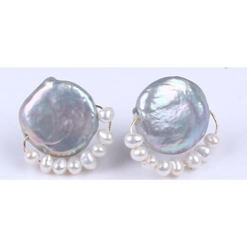 Trend Korean handmade large 14mm coin shape freshwater pearl bead circle earrings