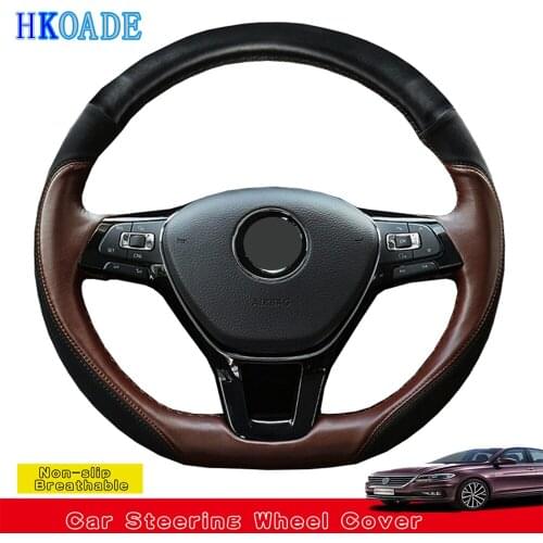 DIY Black Non-slip Genuine Leather Car Steering Wheel Cover For Volkswagen Mk7 New Polo Jetta Passat B8 Tiguan Sharan VW Golf 7