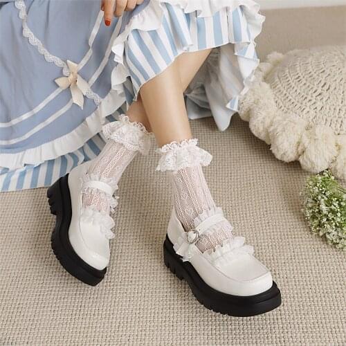 PU Leather Flats Shoes Spring Autumn Mary Jane Shoes Women Buckle Strap Lace High Heels Platform Lolita Shoes Woman Student shoe