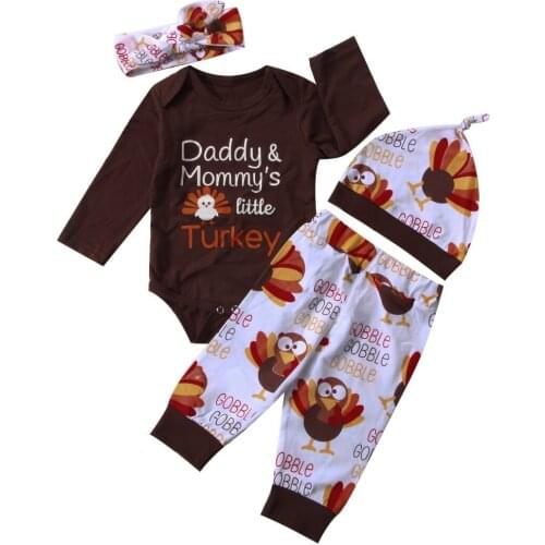 Newborn Kids Baby Girl Thanksgiving Clothes Turkey Letter Long Sleeve Boysuit Pants Festival Set Hat Headwear 0-2T