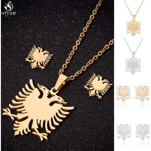 Oly2u Punk Unique Albanian Eagle Necklaces Earrings Fashion Double Headed Bird Stainless Steel Jewelry Sets for Women Men Gift