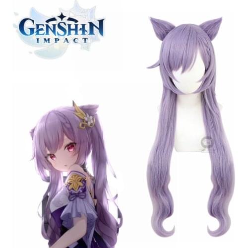 Game Genshin Impact Keqing Cosplay Wigs Ponytails Mixed Purple Cosplay Wig with Ears Heat Resistant Synthetic Hair