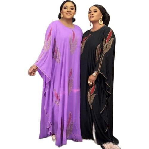 New Style Classic African Womens Dashiki Fashion Chiffon Abaya Stylish KWA Bat Sleeve Belt Hot Drilling Long Dress Free Size