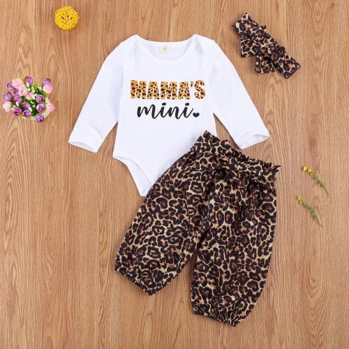 Pudcoco Newborn Baby Girl Clothes Leopard Print Long Sleeve Letter Romper Tops Long Pants Bowknot Headband 3Pcs Outfits Clothes