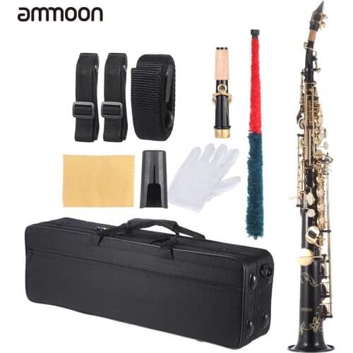 Ammoon Brass Straight Soprano Sax Saxophone Bb B Flat Woodwind Instrument Natural Shell Key Carve Pattern with Carrying Case
