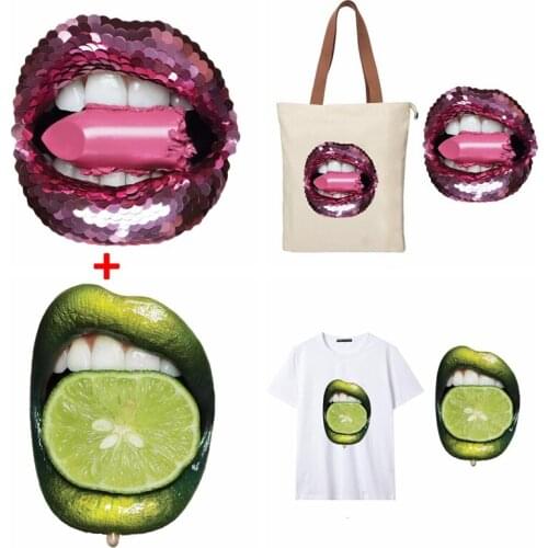 Sexy Lip With Lipstick Lemon Heat Transfer Sticker Special Patches For DIY T-shirt Hoodies Clothes Applique Decor 2020 New