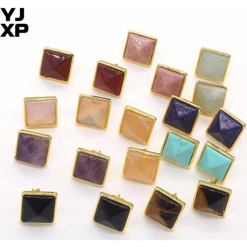 YJXP Gold Color Natural Stones Elegant Amethysts Rose Quartzs Black Agates Opal Square pyramid Stud Earrings Charm Jewelry