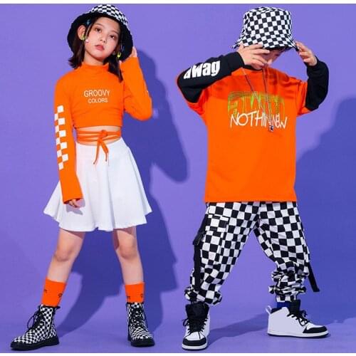 Summer Boys Girls Stage Competition Jazz Hiphop Dance Costumes Street Dance Orange Clothes Children Outfits 4 6 8 10 12 14 Yrs