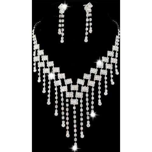 Classic Female White Crystal Jewelry Set Charm Silver Color Tassel Dangle Earring For Women Dainty Zircon Wedding Chain Necklace