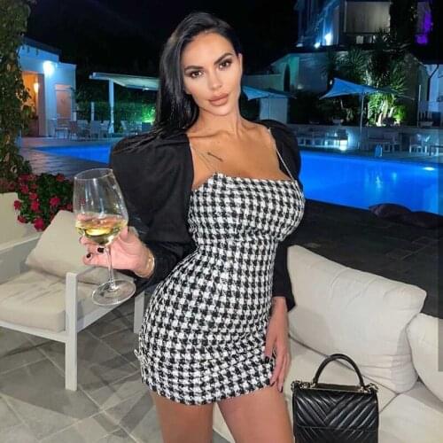 2021 Fashion Autumn Women Two Pieces Dress Set Sexy Black Long Sleeve Crop Top & Plaid Spaghetti Strap Mini Dress Vintage 90105