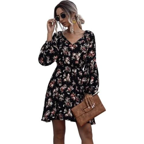 Women Long Sleeve V Neck Floral Print High Waist Folds Elegant Dress Casual Streetwear Loose Bandage Boho Beach Dresses