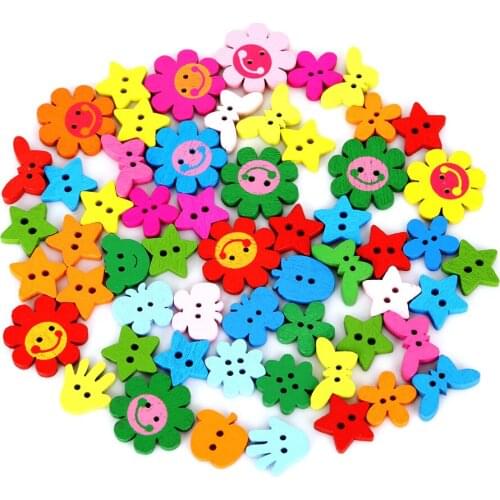 100pcs/bag Random Mixed Color Flower Shape Wood 2 Hole Buttons for Sewing Accessories DIY Craft Scrapbooking Making