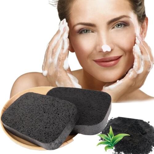 2PCS Soft Natural Fiber Charcoal Face Cleanser Sponge Black Bamboo Facial Deep Cleansing Tool Brush Puff