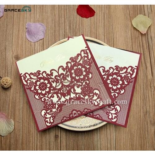 50pcs freeshipping laser cut hot sale European flowers pocket extract style paper wedding invitation cards for party invitation