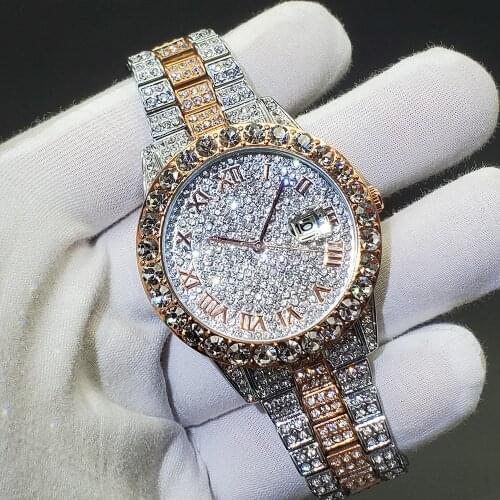 Hiphop MISSFOX Iced Out Mens Watches Top Brand Luxury Rado Quartz Wrist Watches Steel Strap Rose Gold Watch For Male Jewellry