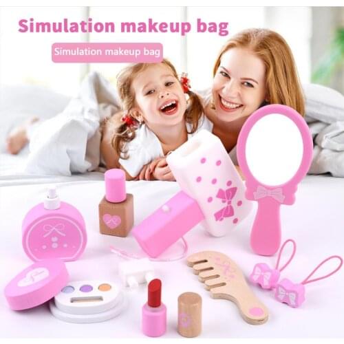 Children Wooden Simulation Girl Makeup Cosmetic Bag Play House Princess Makeup Set Toy Interest Development Wooden Toys For Kids