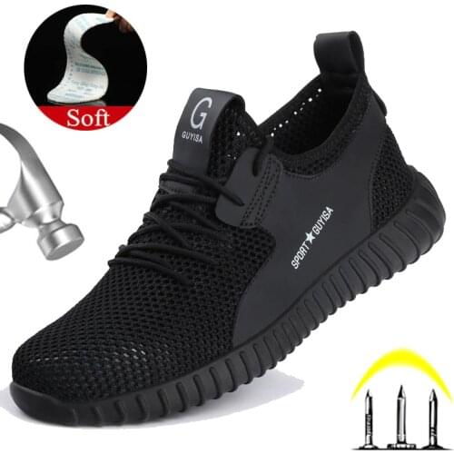 Manlegu Breathable Mesh Safety Shoe Boots Mens Puncture-Proof Work Shoes With Steel Toe Sneakers Indestructible Shoes For Men
