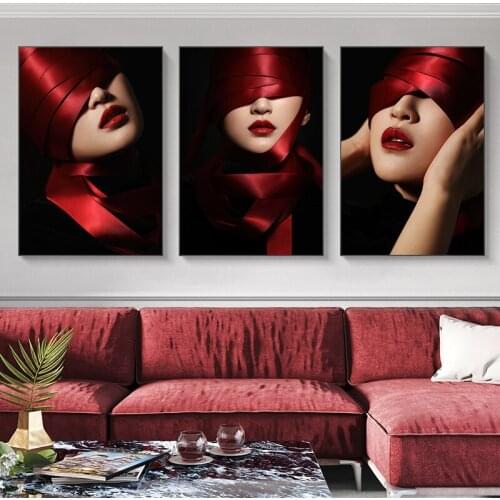 Red Ribbon Hat Beauty Woman Abstract Canvas Painting Printing Poster Pictures Wall Art Bedroom Living Room Home Decoration