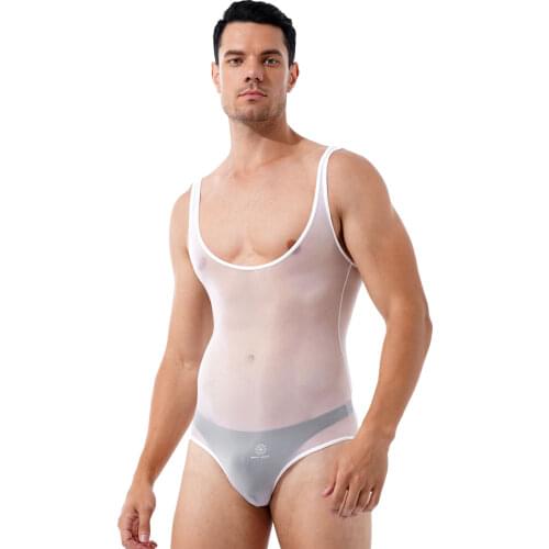 Men Skinny Sheer Sexy Lingerie Bodysuit Solid Color Sissy Nightwear Sleeveless Workout Fitness Catsuit Teddies for Nightclub
